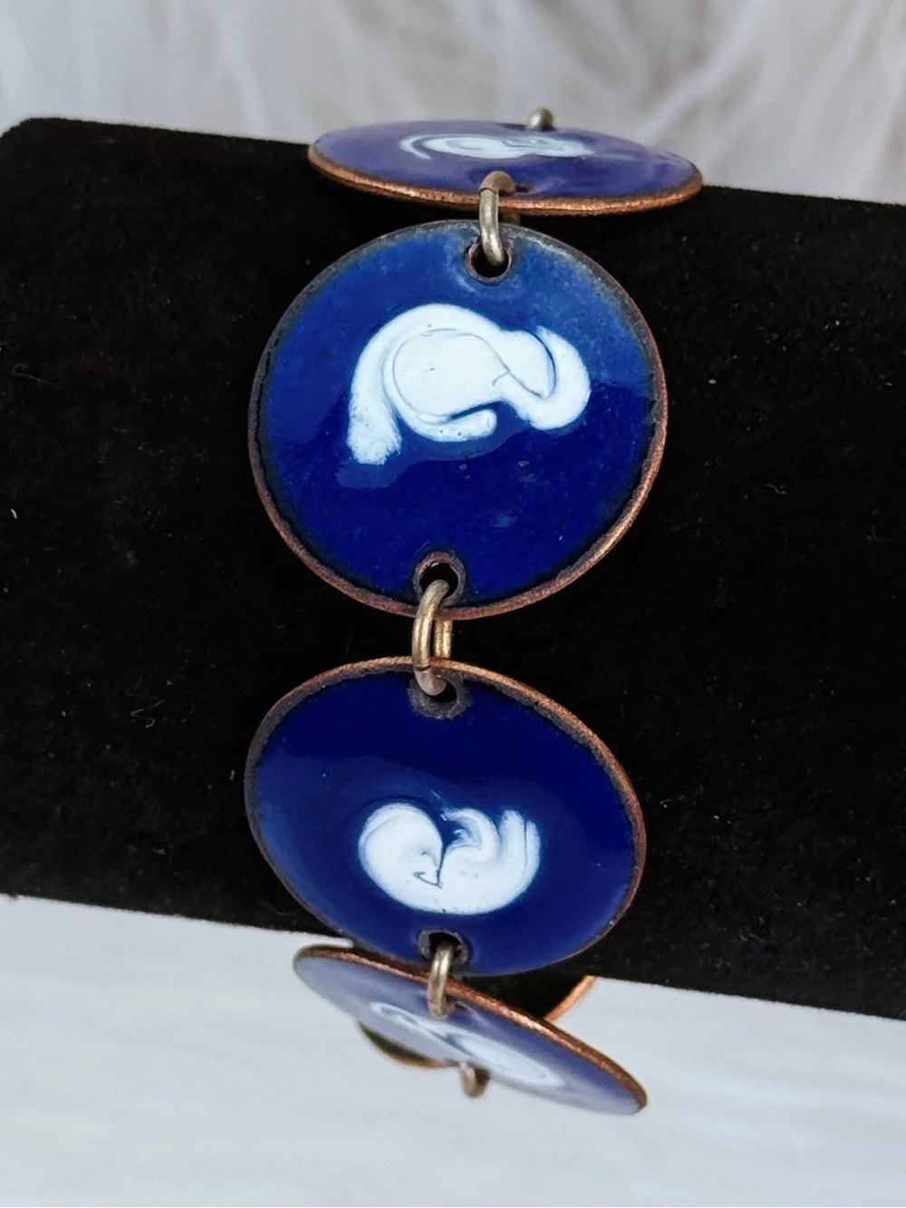 Vintage Cobalt Blue Abstract Disc Bracelet White Motif Articulated Statement